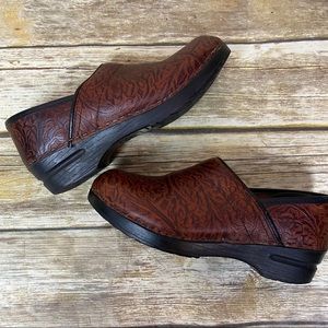 DANSKO Brown Tooled Leather Clogs 39